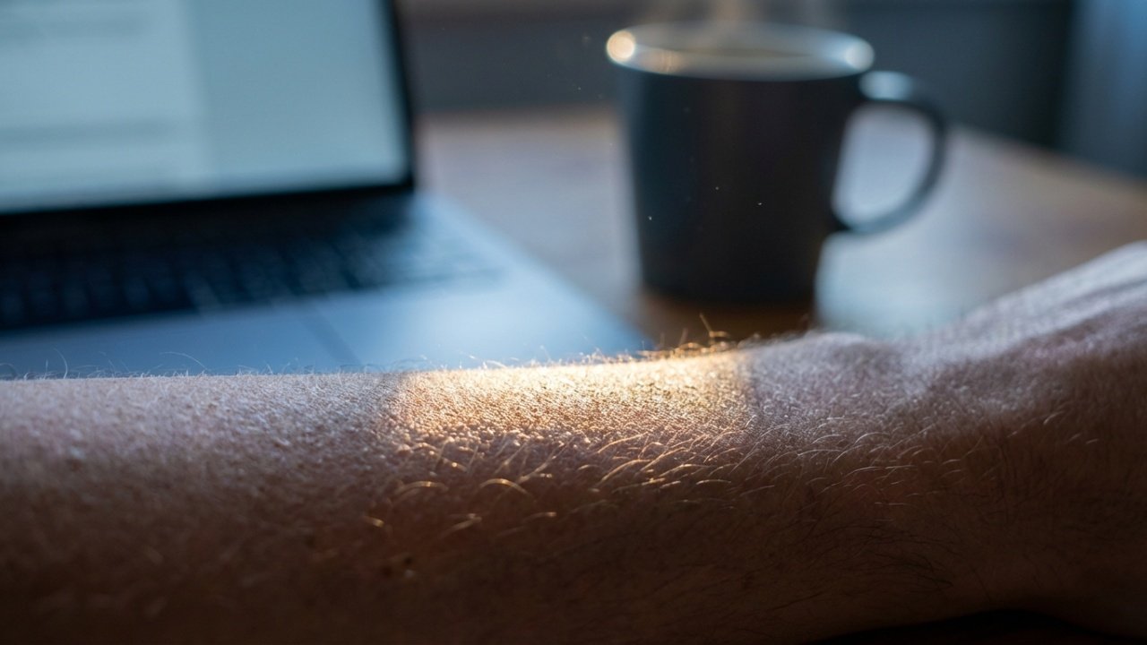 Close macro de luz solar atingindo a pele do antebraço.