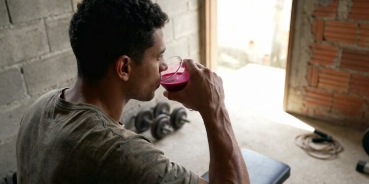 Praticante segurando a vitamina vibrante em academia caseira iluminada.