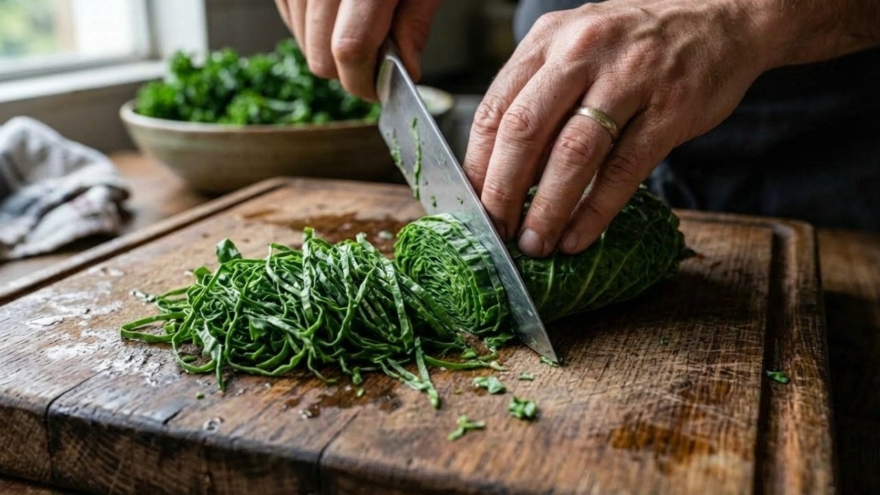 
Mãos cortando couve bem fina em uma tábua de madeira rústica.