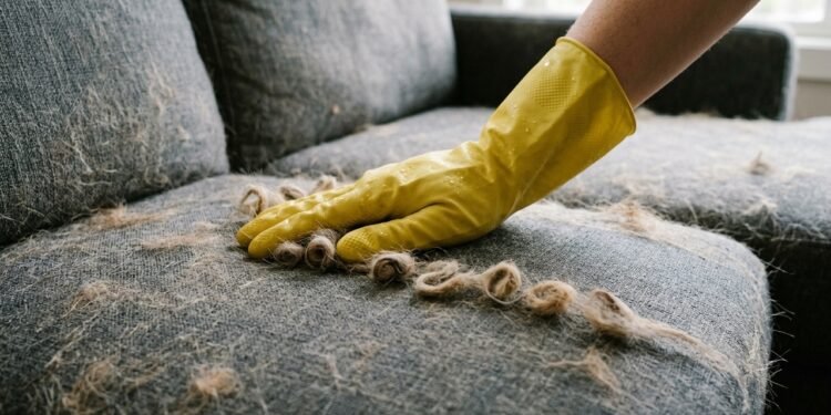 A luva de borracha molhada que remove todos os pelos de cachorro do sofá em apenas 3 minutos