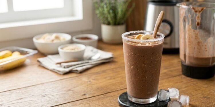 A base dessa preparação é um smoothie energético sem café, feito com banana, aveia, pasta de amendoim e cacau em pó