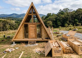 O kit de chalé em formato de "A" que é entregue em caixas e pode ser montado por 2 pessoas em 1 único final de semana