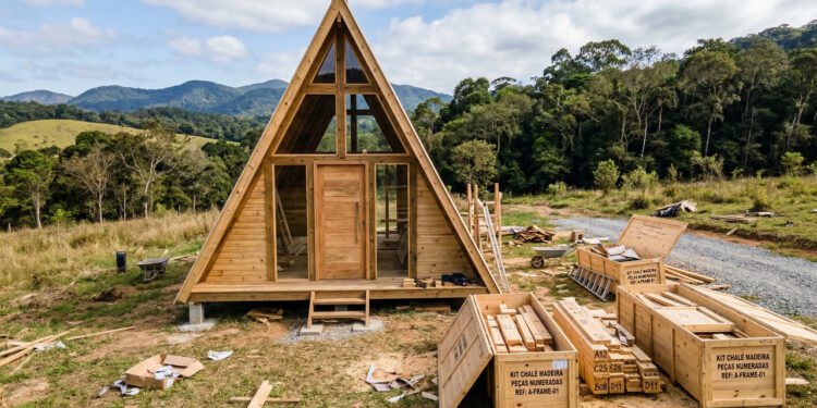 O kit de chalé em formato de "A" que é entregue em caixas e pode ser montado por 2 pessoas em 1 único final de semana