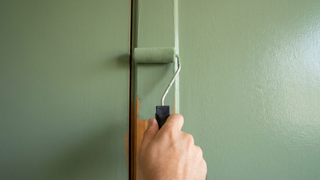 Visão em 1ª pessoa passando rolo de tinta verde no batente da porta e na parede