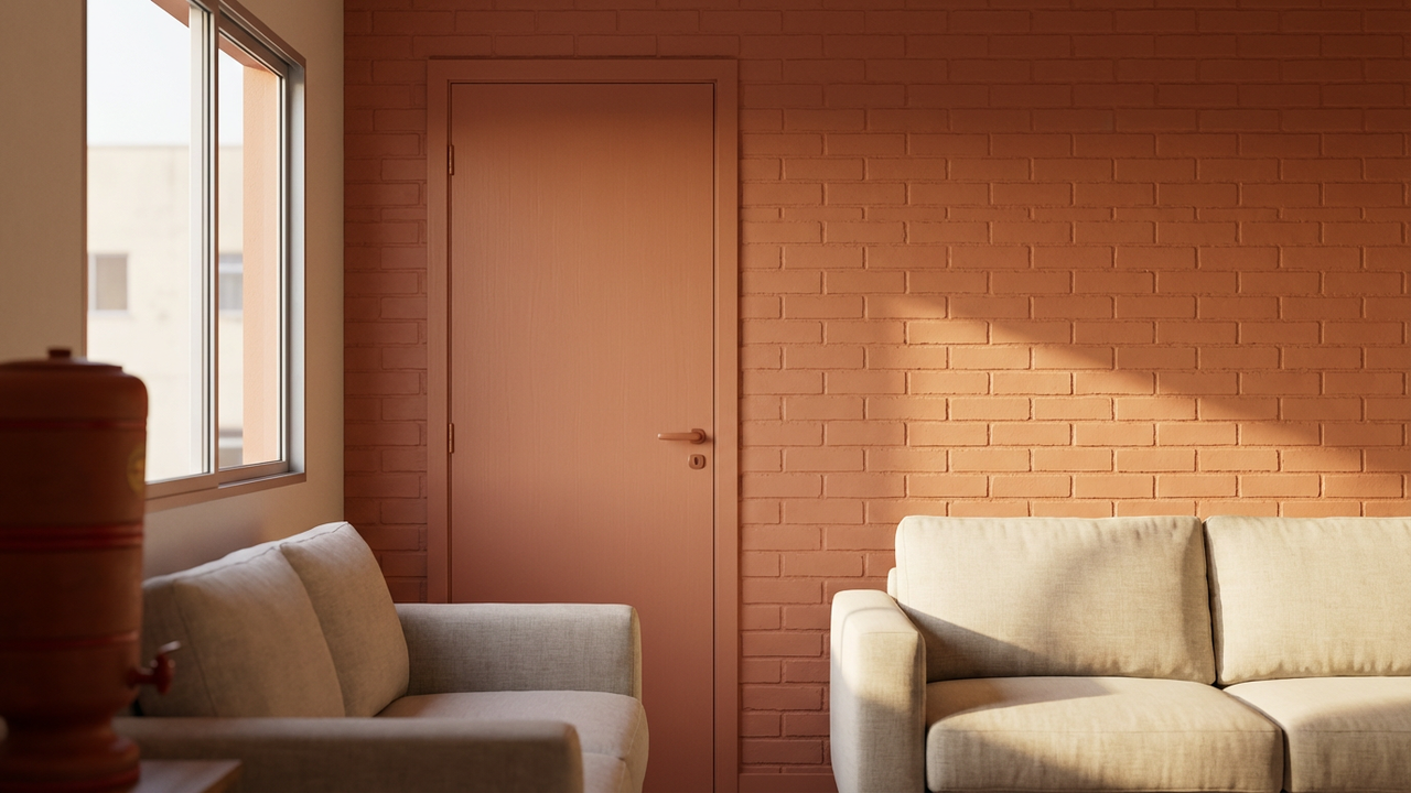 Sala brasileira elegante com porta e parede pintadas da mesma cor terracota