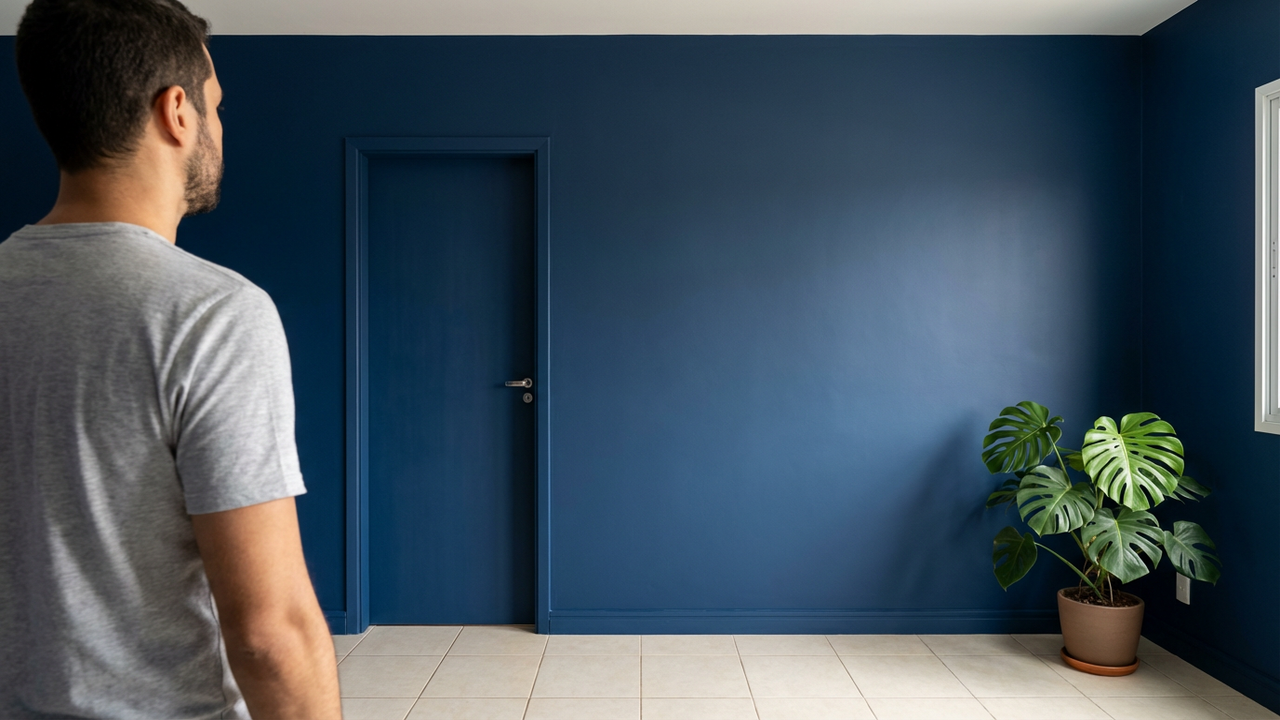 Pessoa admirando sua sala ampliada com porta e parede camufladas em azul marinho