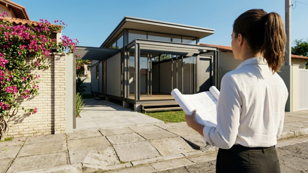 Arquiteta observa a casa modular recém-montada respeitando as leis urbanas