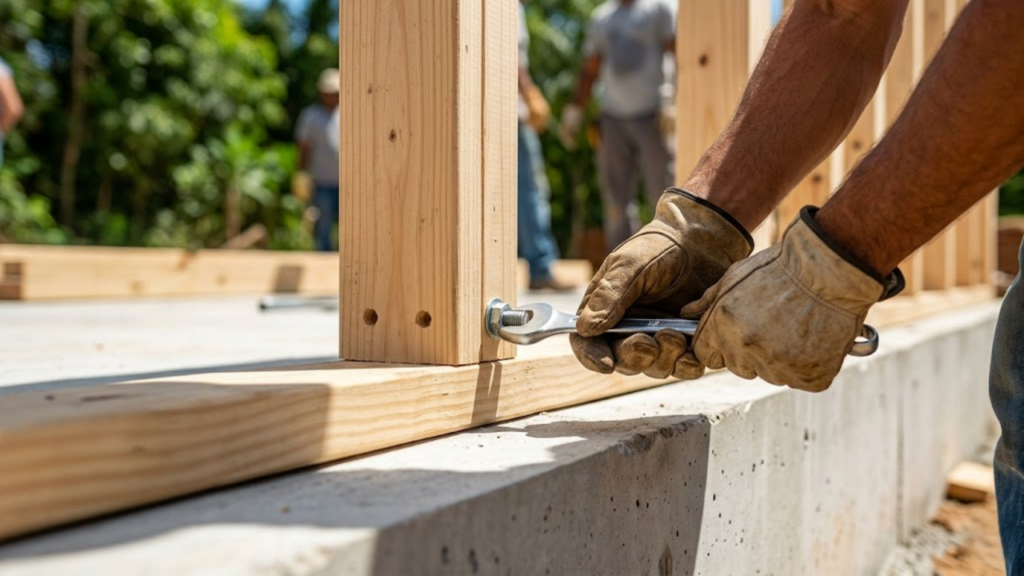 Detalhe da montagem limpa e precisa de uma parede modular de madeira