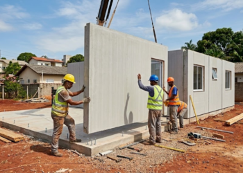 Detalhe da montagem limpa e precisa de uma parede modular de