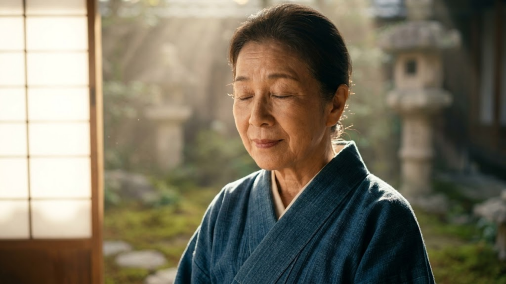 Idosa japonesa sorri serena sob luz solar poeirenta em casa tradicional