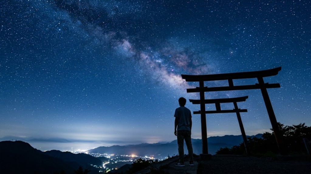 Homem observa céu estrelado vasto sobre montanhas do Japão