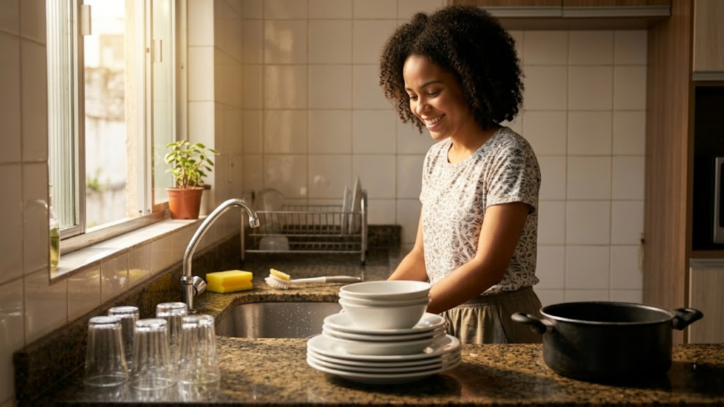 Mulher aliviada sorri diante de uma pia perfeitamente organizada