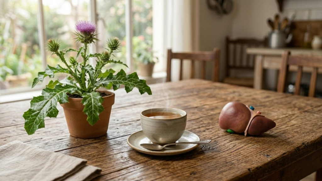 Mesa rústica com cardo florido, chá fumegante e modelo de rim sob luz natural.