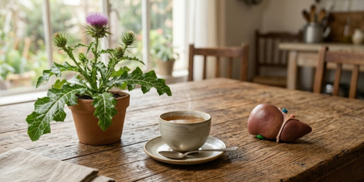Mesa rústica com cardo florido, chá fumegante e modelo de rim sob luz natural.