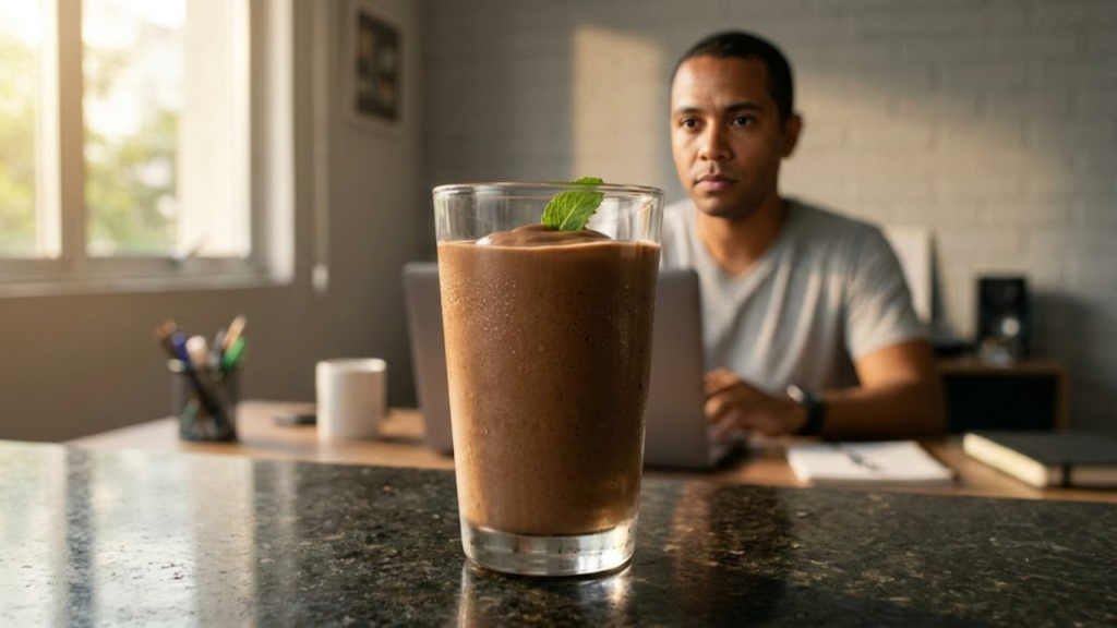 Copo de vitamina cremosa em mesa de home office com luz solar.