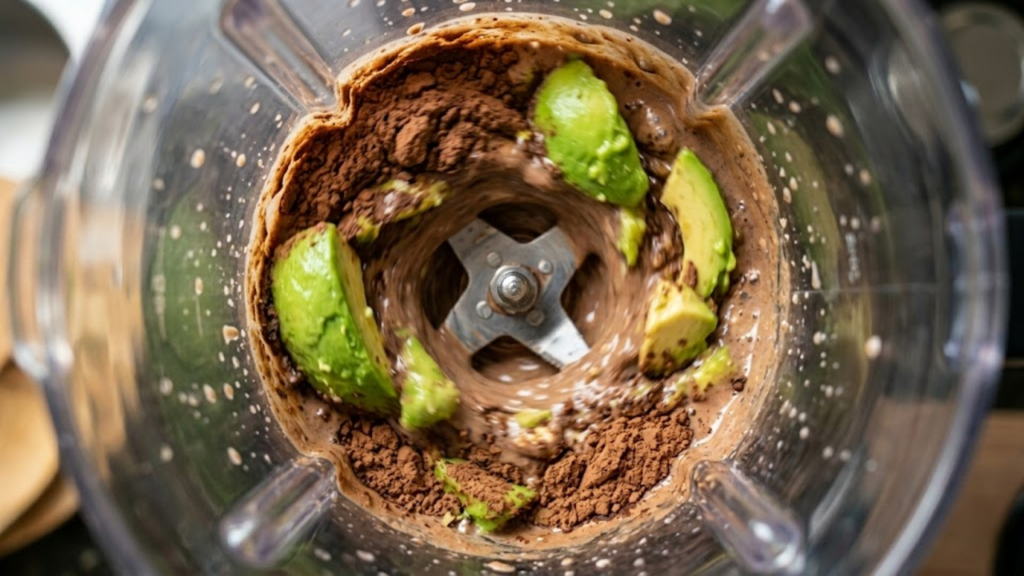 Macro do liquidificador batendo abacate e cacau em alta velocidade.