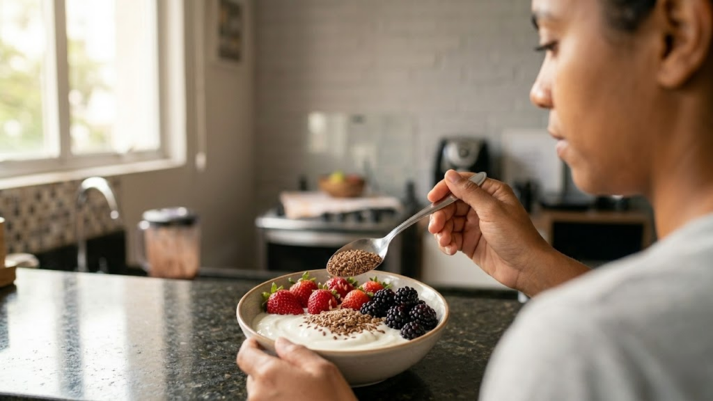 Mão adiciona linhaça a iogurte com frutas vermelhas na cozinha