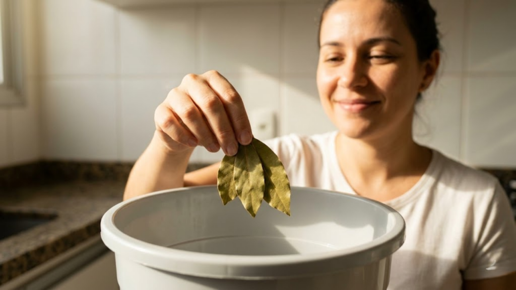 Mulher aliviada coloca folhas de louro no fundo de uma lixeira limpa.