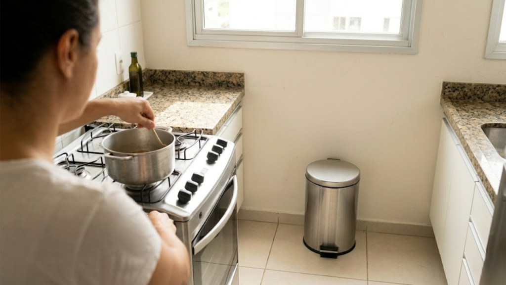 Mulher cozinha tranquila ao lado de uma lixeira perfeitamente limpa e sem moscas