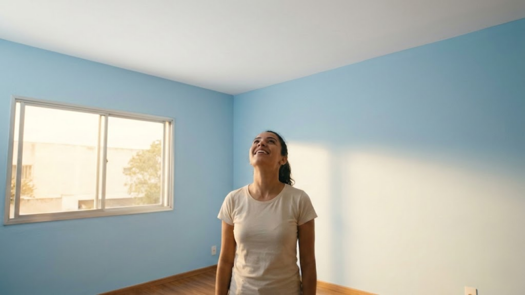 Mulher aliviada e feliz olha para o teto branco puro que ampliou sua sala