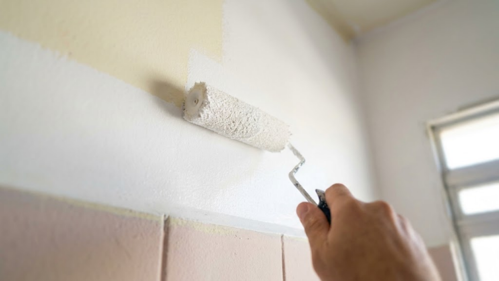 POV: Rolo de pintura aplicando tinta branca fosca impecável no teto