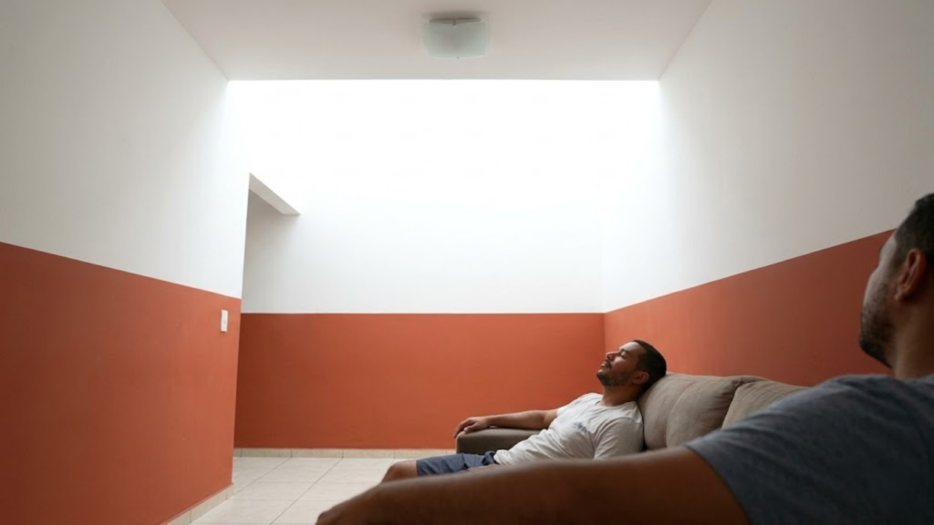 Homem relaxa no sofá em sala ampliada visualmente pelo teto branco e meia parede