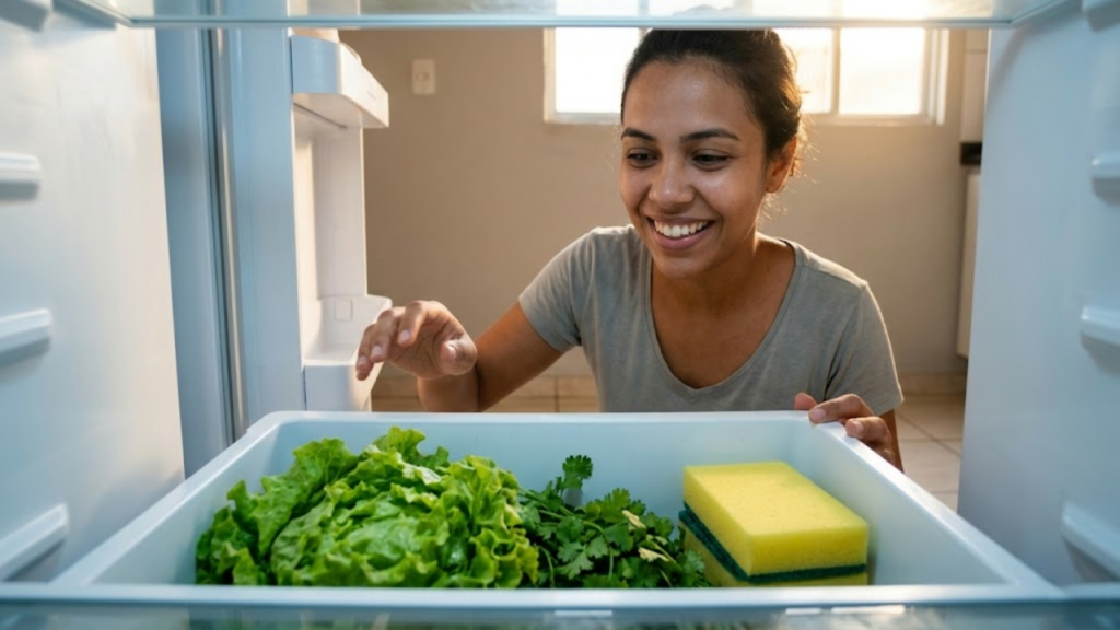 Mulher aliviada abre a gaveta da geladeira com folhas frescas e uma esponja nova