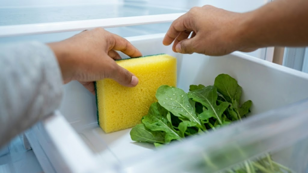 POV: Mão coloca uma esponja amarela nova ao lado de folhas de rúcula na gaveta.