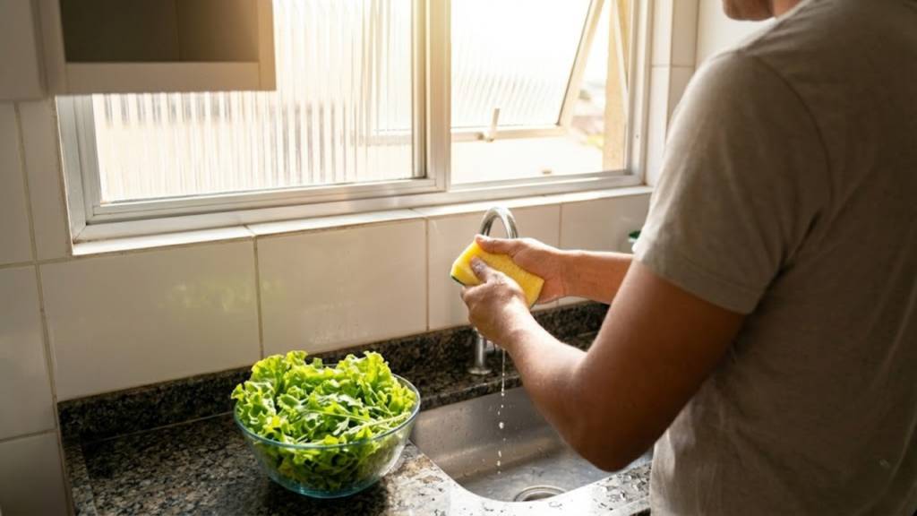 Visão por cima do ombro: homem torce a esponja na pia sob a luz do sol matinal.