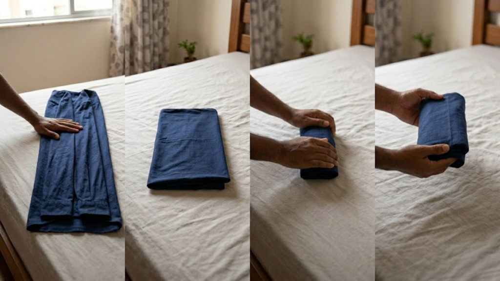 Mulher em quarto simples com luz solar DOBRA CAMISETA na cama, formando pacotinhos firmes