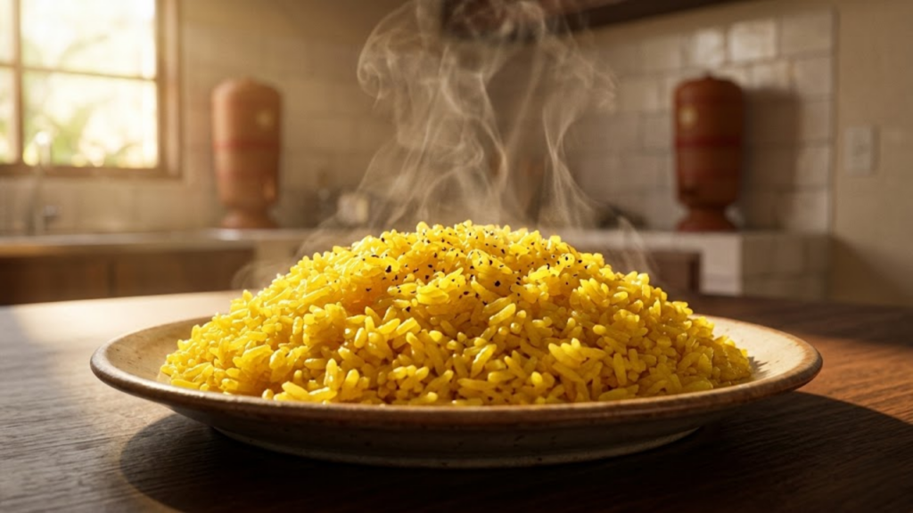 Arroz dourado com cúrcuma e pimenta sob luz solar quente.