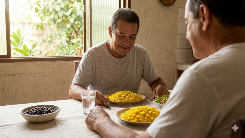 Homem brasileiro apreciando almoço saudável com arroz dourado