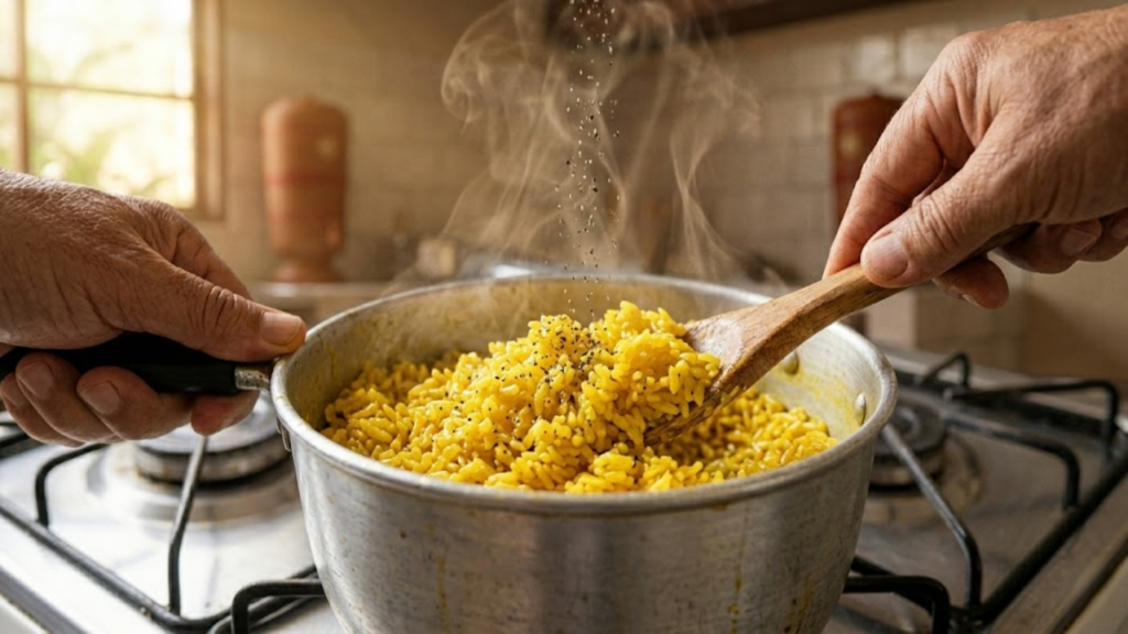 Mãos temperando arroz amarelo com pimenta moída na hora