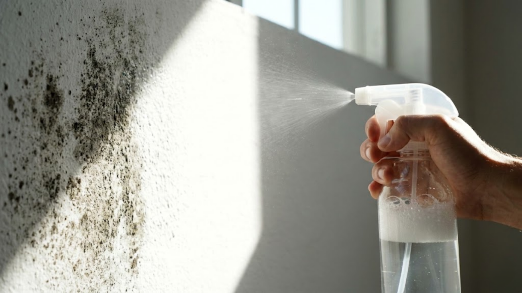 Spray caseiro limpando mancha de mofo em parede ensolarada