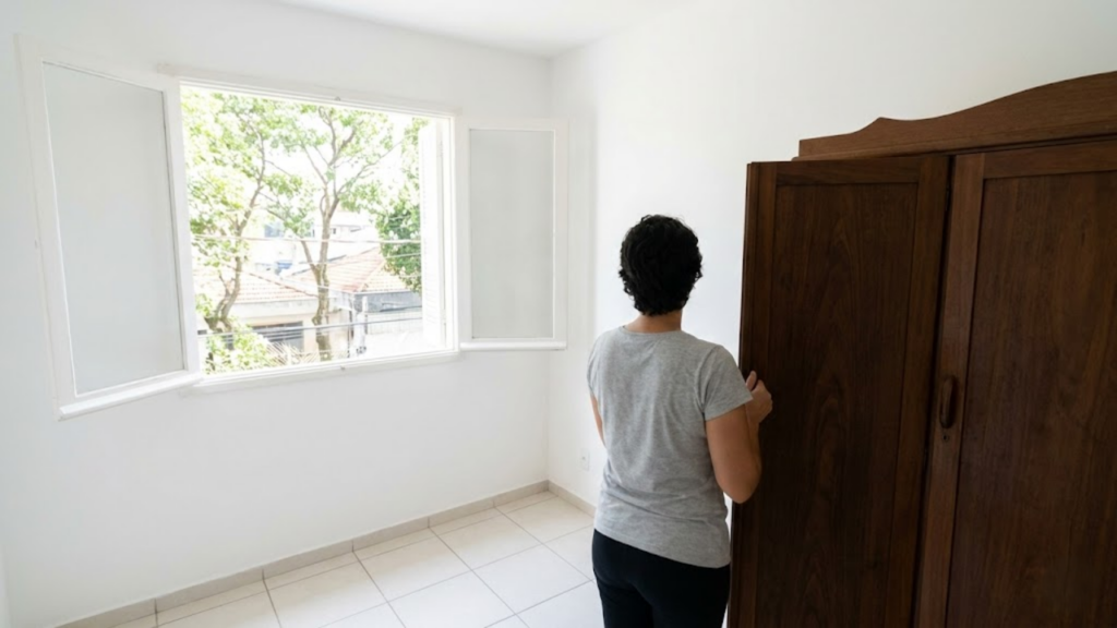 Quarto ventilado com guarda-roupa afastado da parede branca