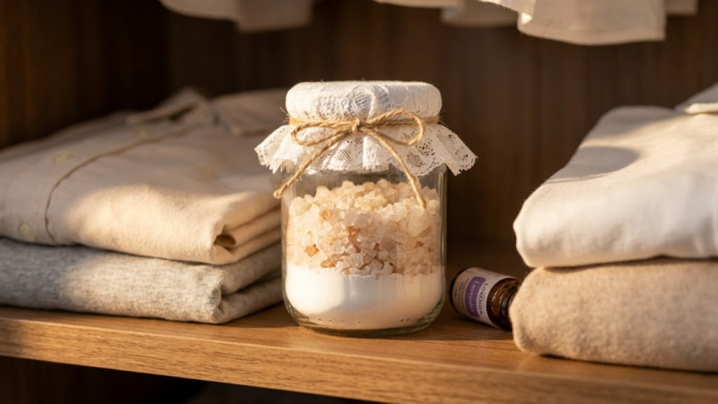 Pote de sal grosso e lavanda em armário de madeira iluminado