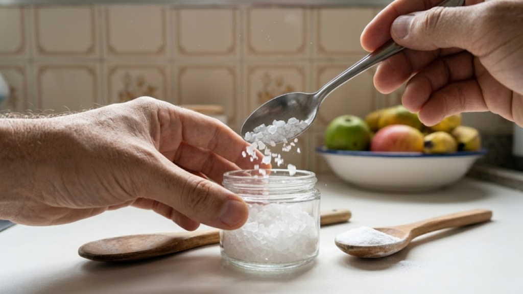Mãos despejando cristais de sal grosso em pote de vidro