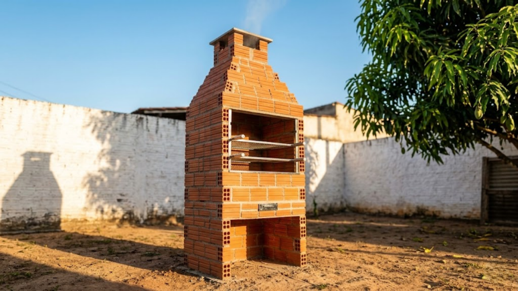 Churrasqueira de tijolos pronta sob a luz dourada do entardecer