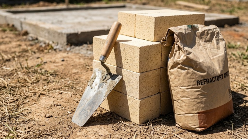 Tijolos refratários e materiais de obra sobre o solo do quintal