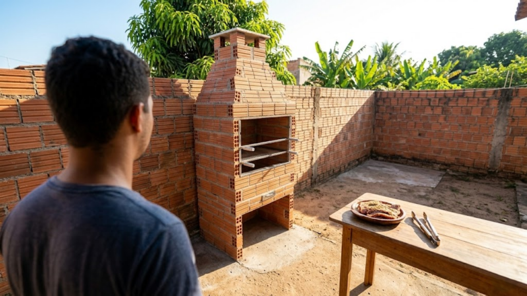 Vista do quintal com churrasqueira pronta e mesa para o almoço