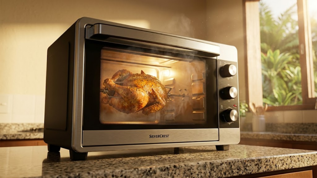 Forno 12L assando frango dourado na rotisseria com luz solar