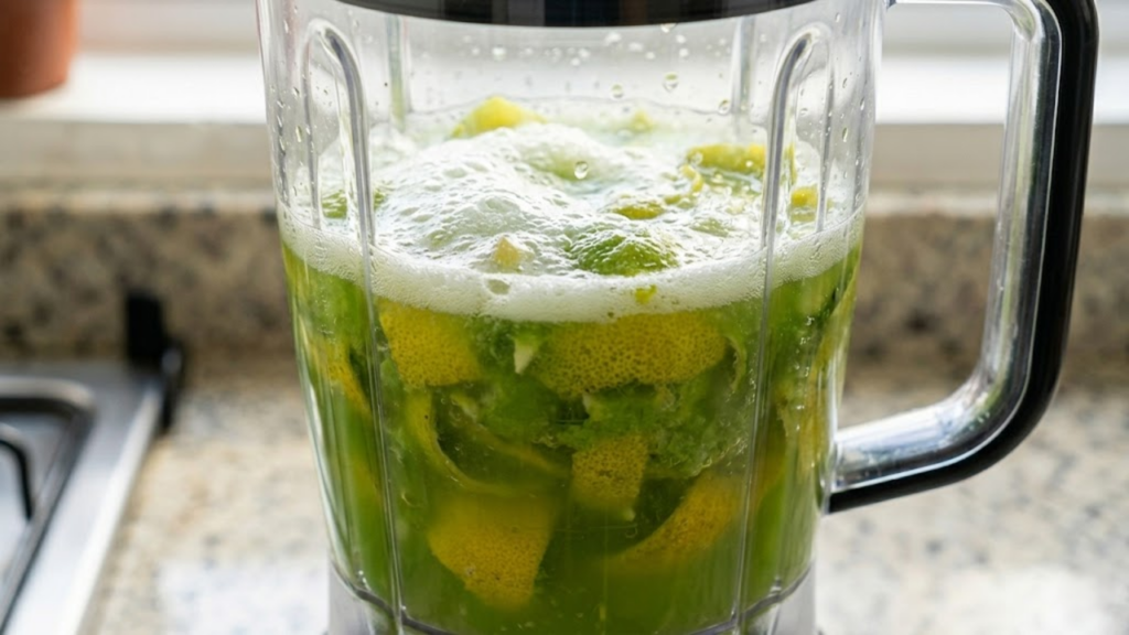 Liquidificador batendo cascas de limão com espuma de bicarbonato