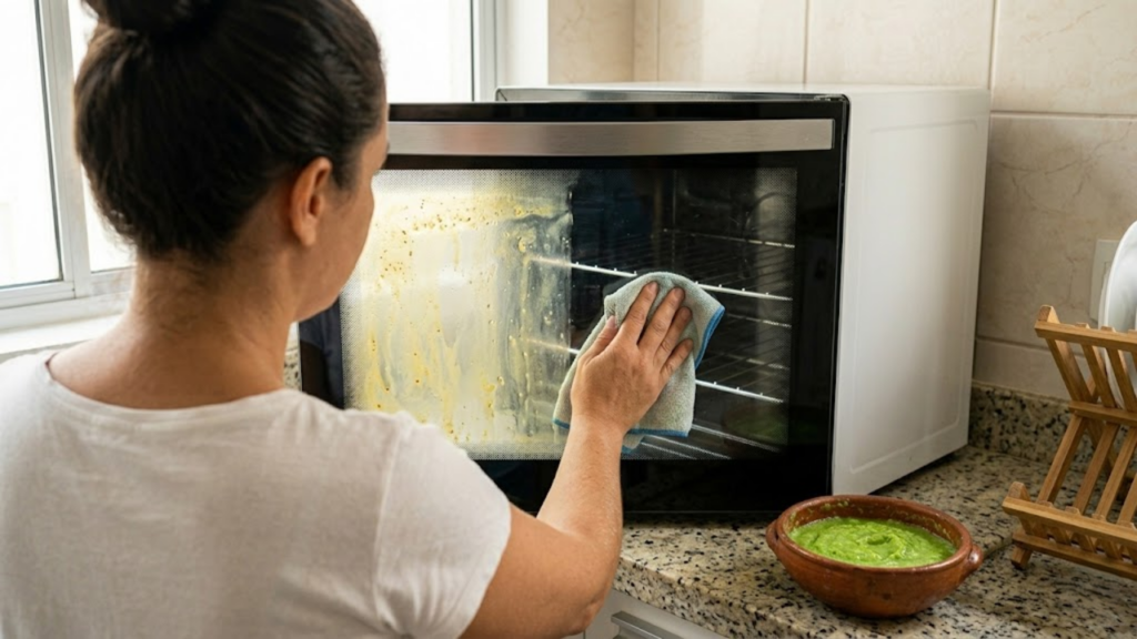 Mulher limpando vidro do forno com pasta de limão e luz natural.
