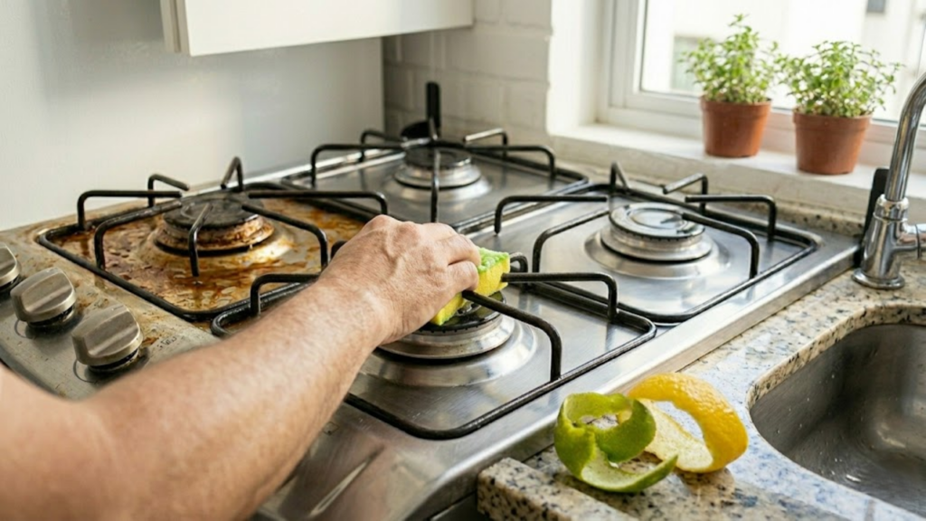 Fogão de inox sendo limpo com pasta verde de limão e brilho intenso
