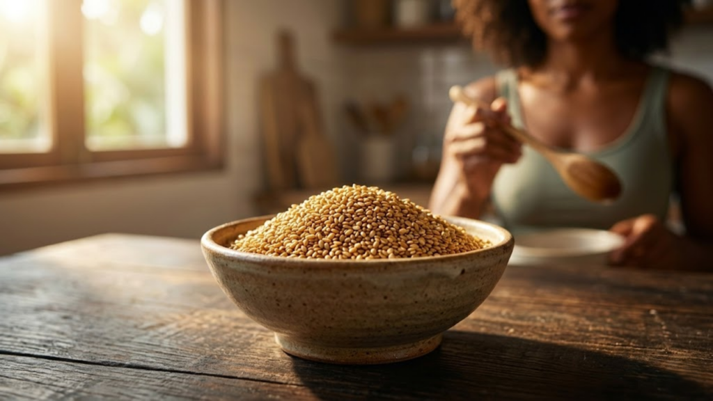 Gergelim dourado em tigela rústica sob luz solar matinal