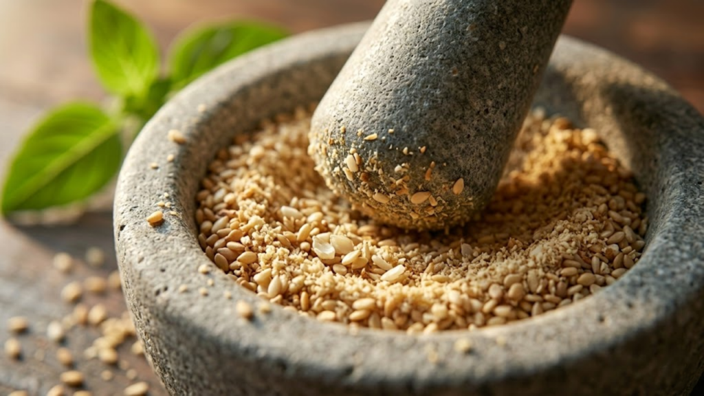 Macro de sementes de gergelim sendo trituradas em almofariz de pedra