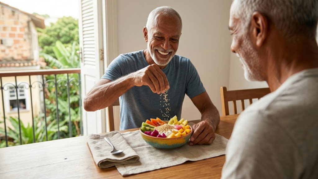 Idoso ativo polvilhando gergelim no café da manhã em cenário solar