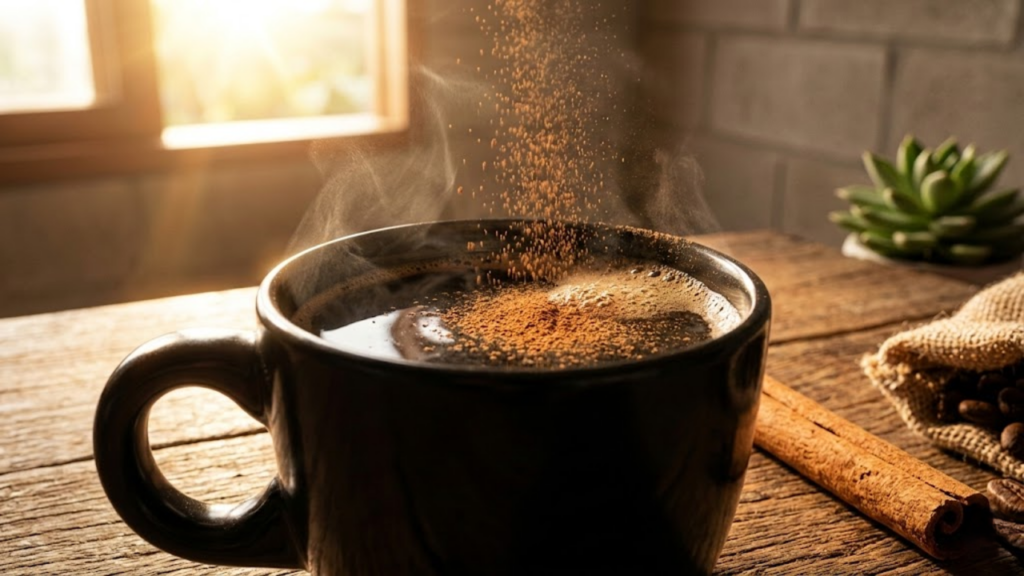 Café fumegante recebendo chuva de canela em pó sob luz matinal