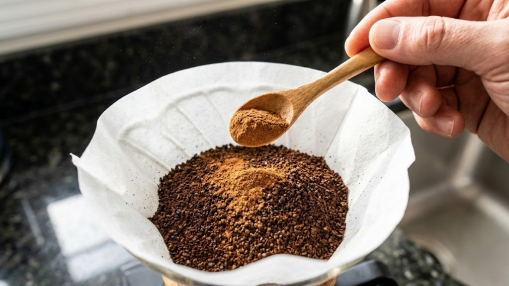Mistura de canela e café moído no filtro em detalhe macro