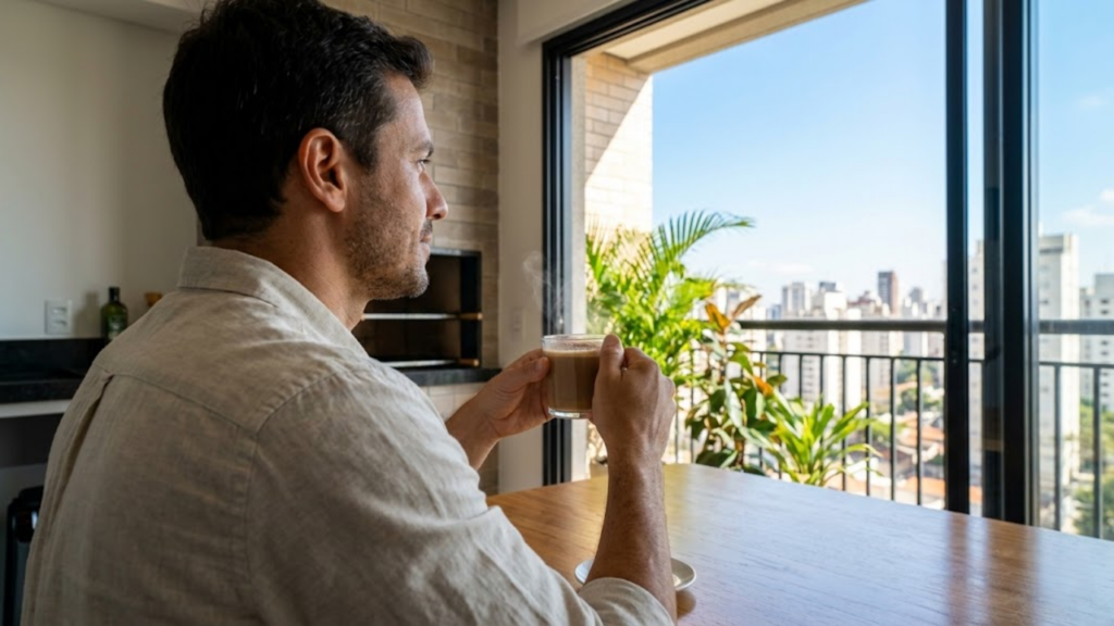Homem energizado apreciando café com canela à luz do dia